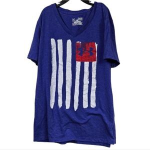 Under Armour Women's Blue HeatGear Shirt American Flag Sporty V-Neck Tee UA Top